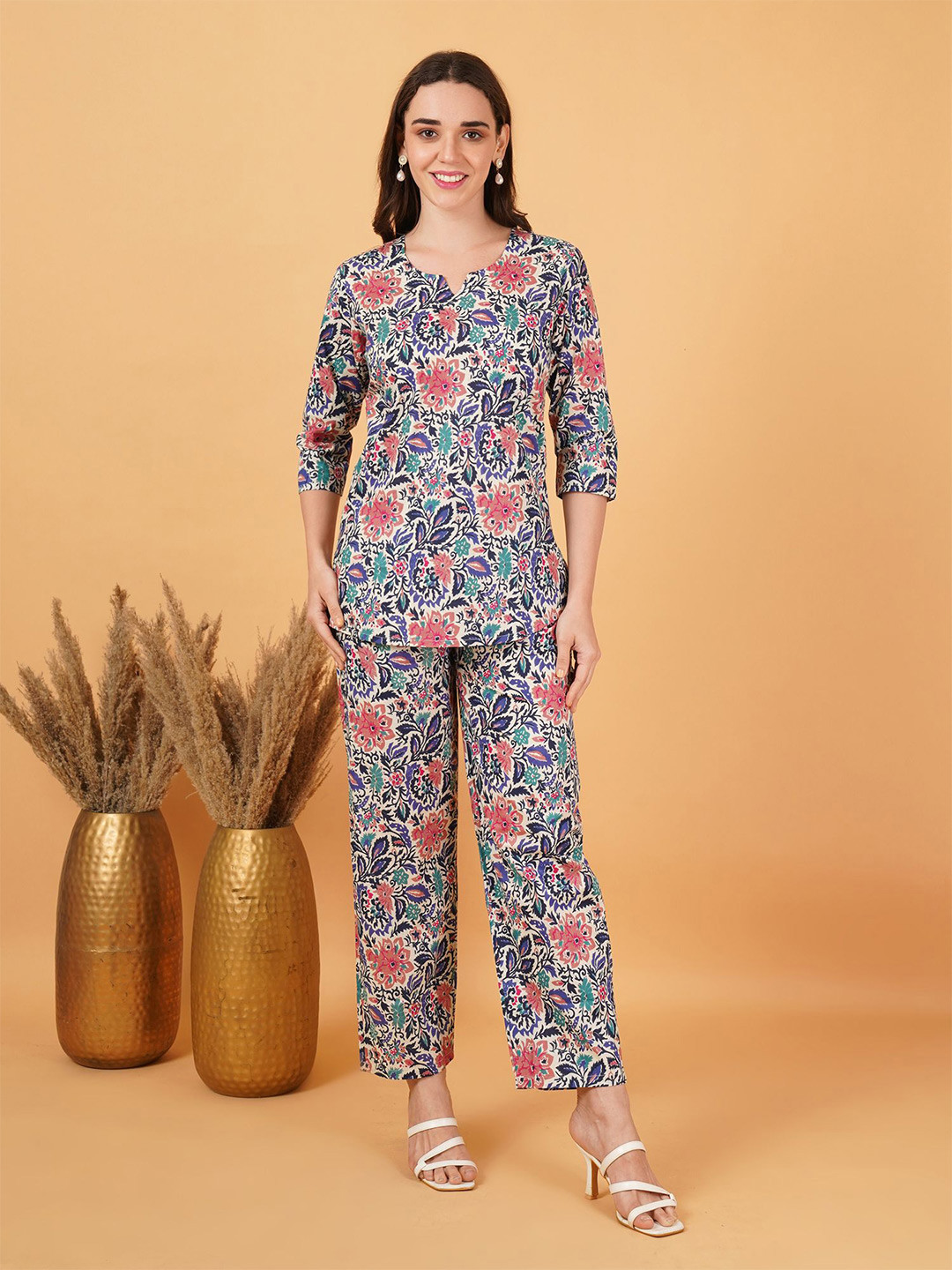 

GUDWEARS Floral Printed Notch Neck Pure Cotton Top With Trousers, Blue