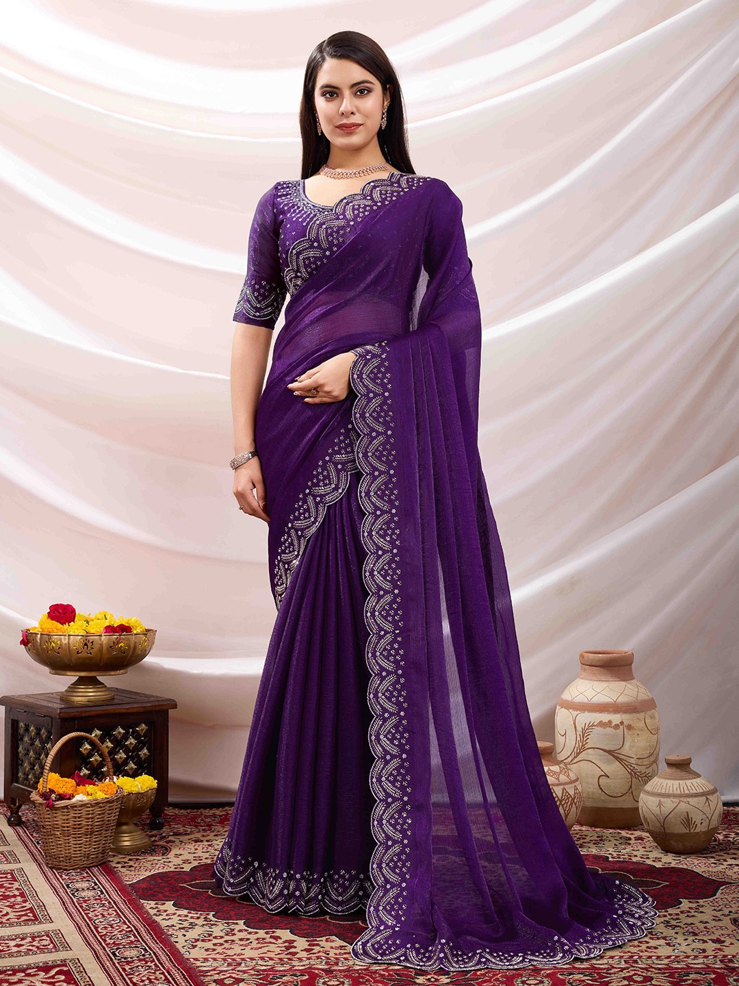 

Mitera Beads and Stones Silk Blend Saree, Purple