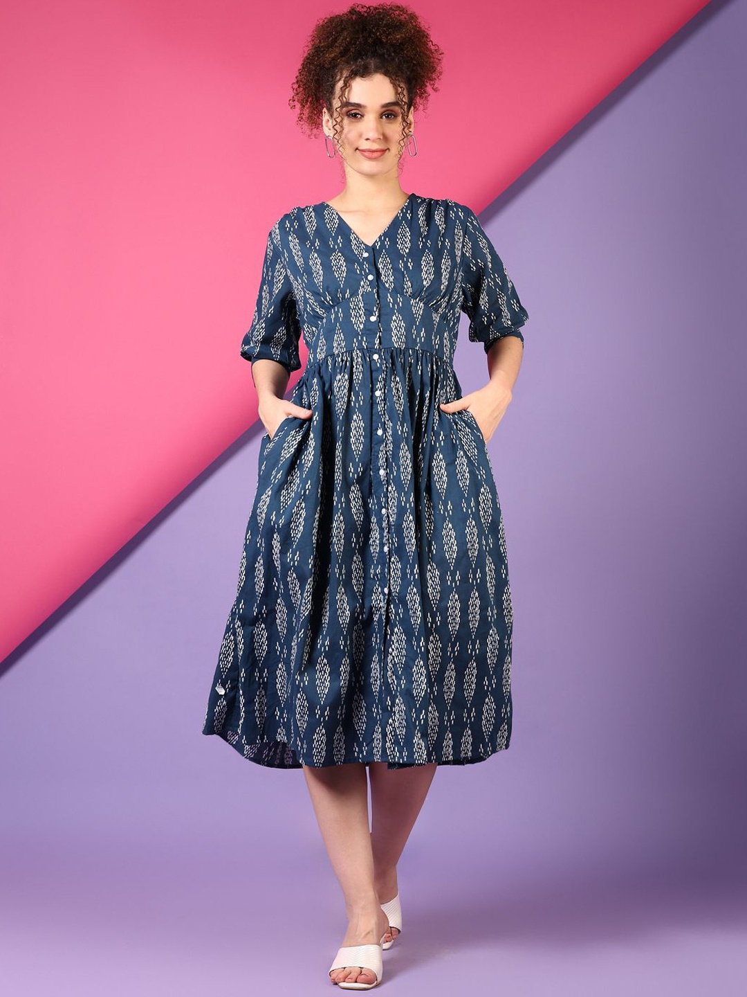 

V-Mart Printed V-Neck Ethnic Dresses, Blue