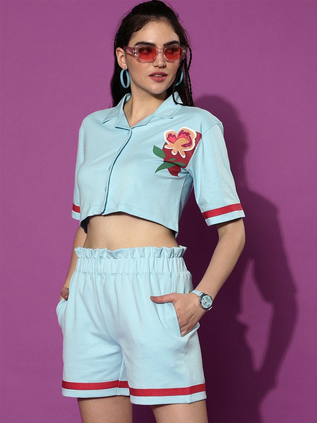

JUNEBERRY Blue Pure Cotton Crop Shirt With Short Co-Ords Set