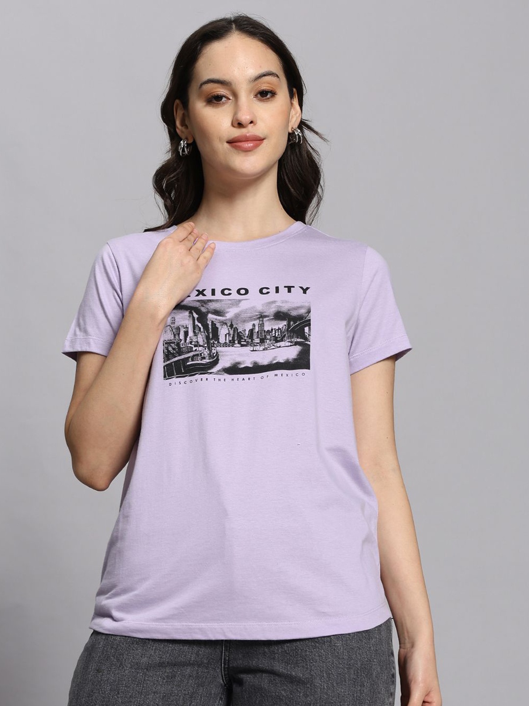 

COLORCART Women Dry Fit Graphic Printed Round Neck Cotton T-shirt, Purple