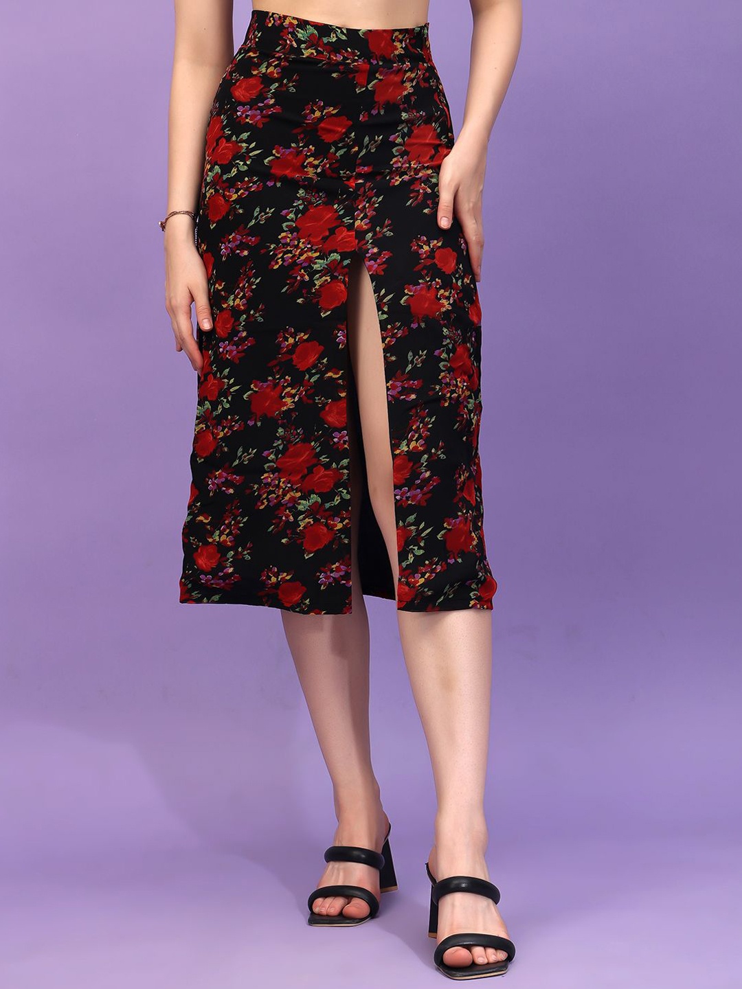

Moda Rapido Printed Side Slit Midi Skirt, Black