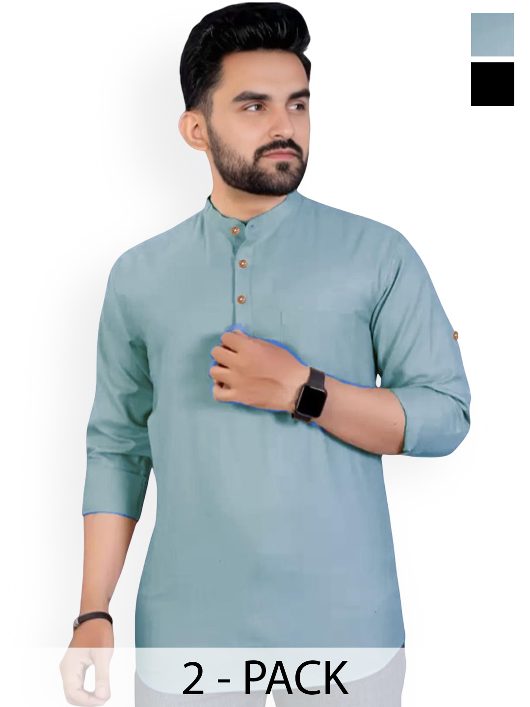 

Vida Loca Selection Of 2 Cotton Slim Fit Mandarin Collar Short Kurtas, Blue