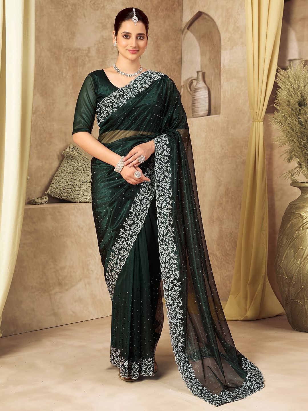 

Mitera Embellished Embroidered Supernet Saree, Green
