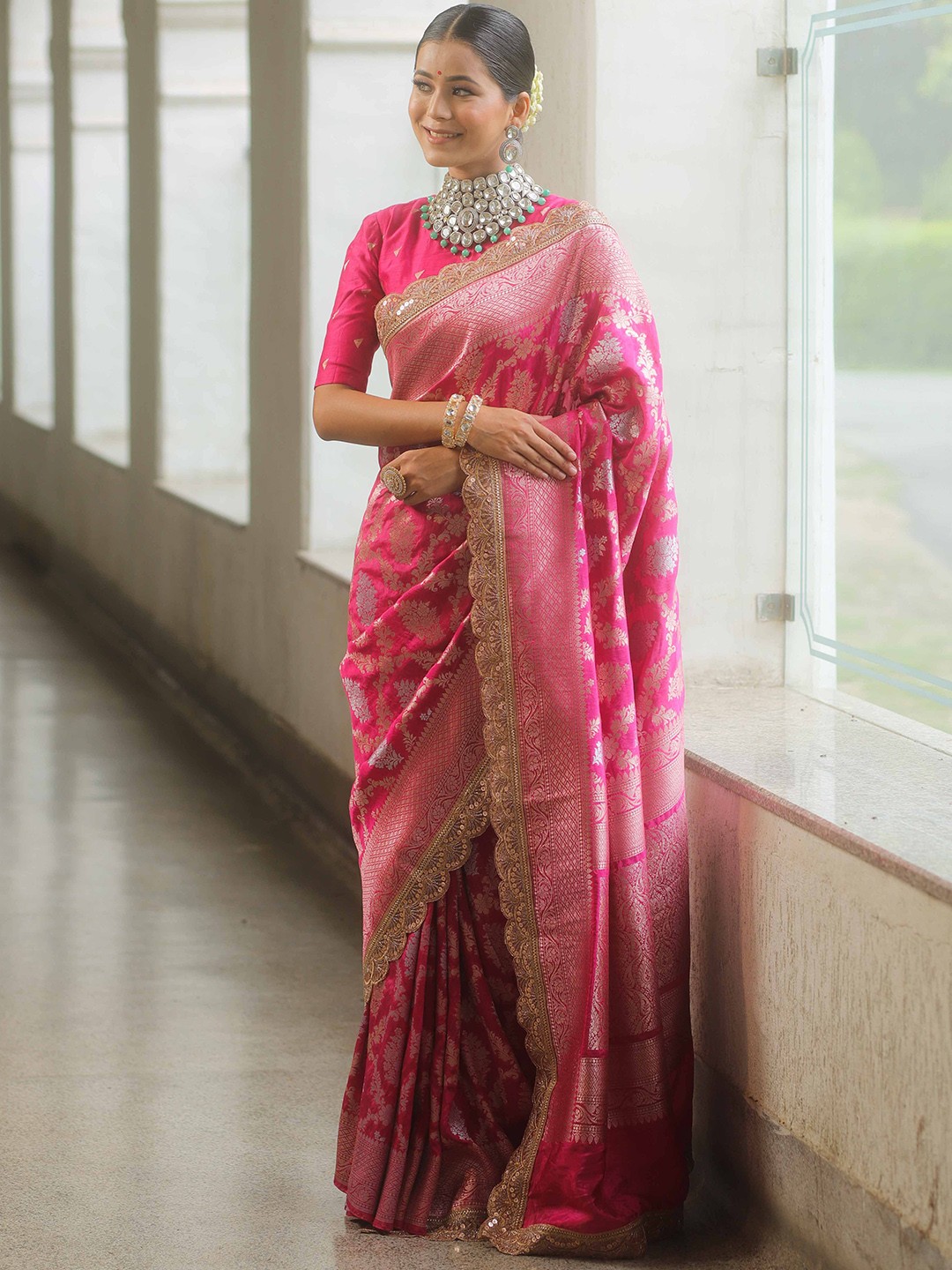 

Banarasee Woven Design Zari Pure Georgette Banarasi Saree, Pink