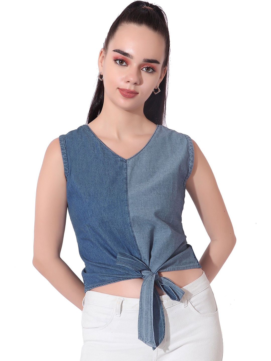 

CEFALU Colourblocked Denim Crop Top, Blue