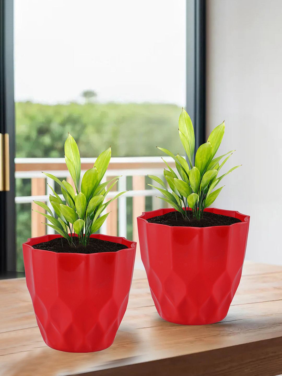 

Kuber Industries Red 3 Pieces Textured Flower Pot Planters