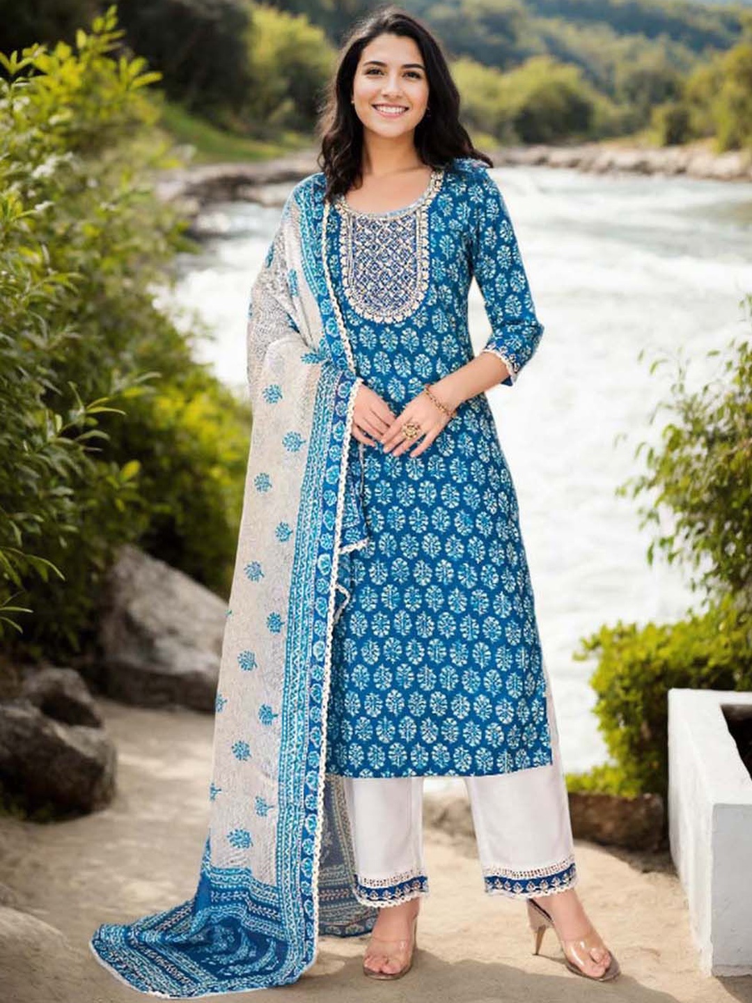 

Anouk Floral Printed Thread Work Pure Cotton Kurta With Trousers And Dupatta, Blue