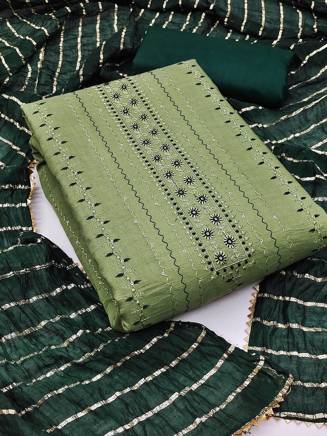 

SAINOOR Floral Sequinned Embroidered Pure Cotton Unstitched Dress Material, Green