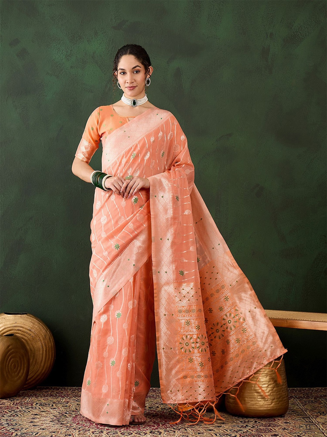 

Maroosh Woven Design Zari Designer Banarasi Saree, Orange