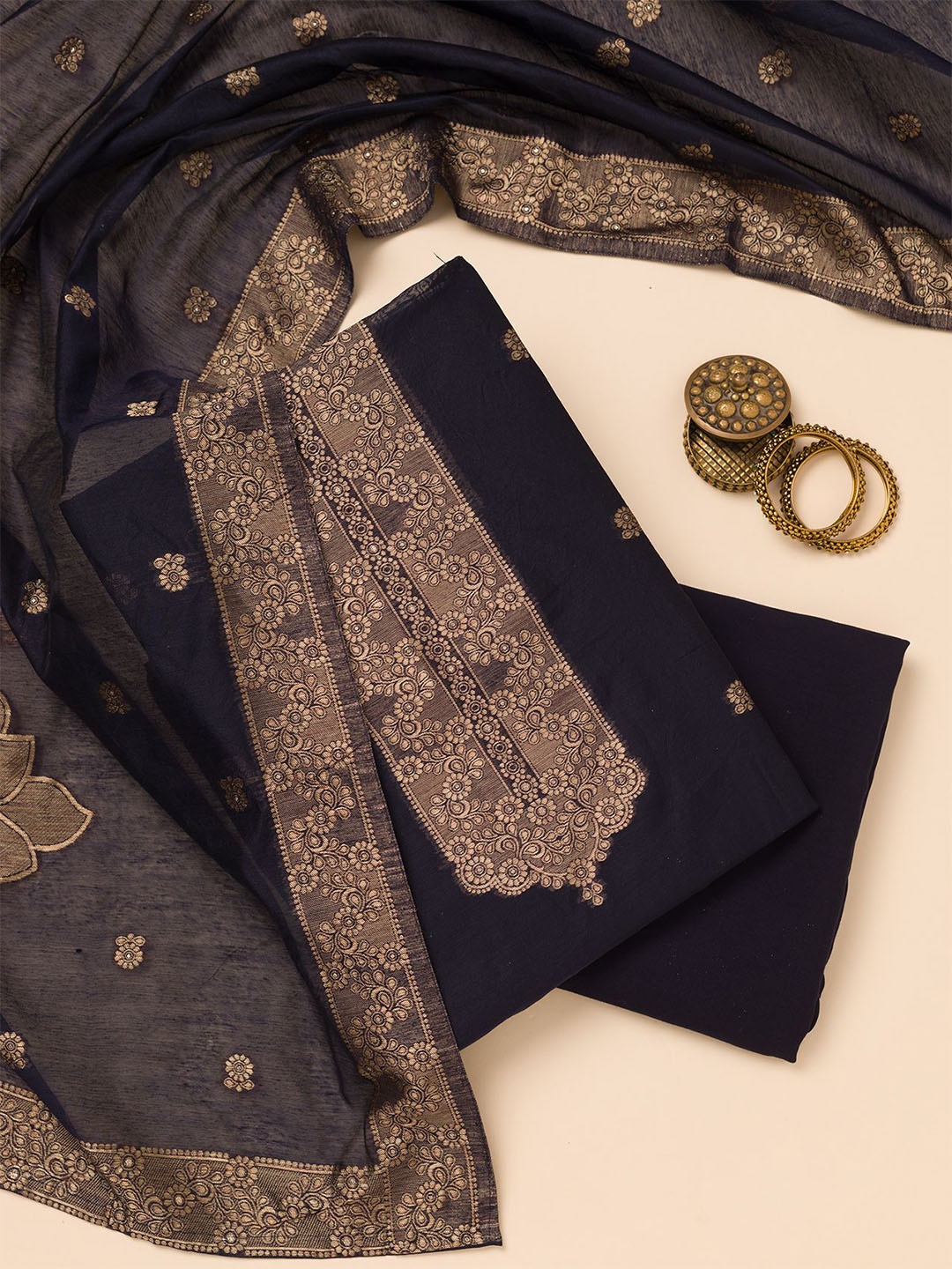 

Koskii Ethnic Motifs Embroidered Pure Silk Unstitched Dress Material, Blue