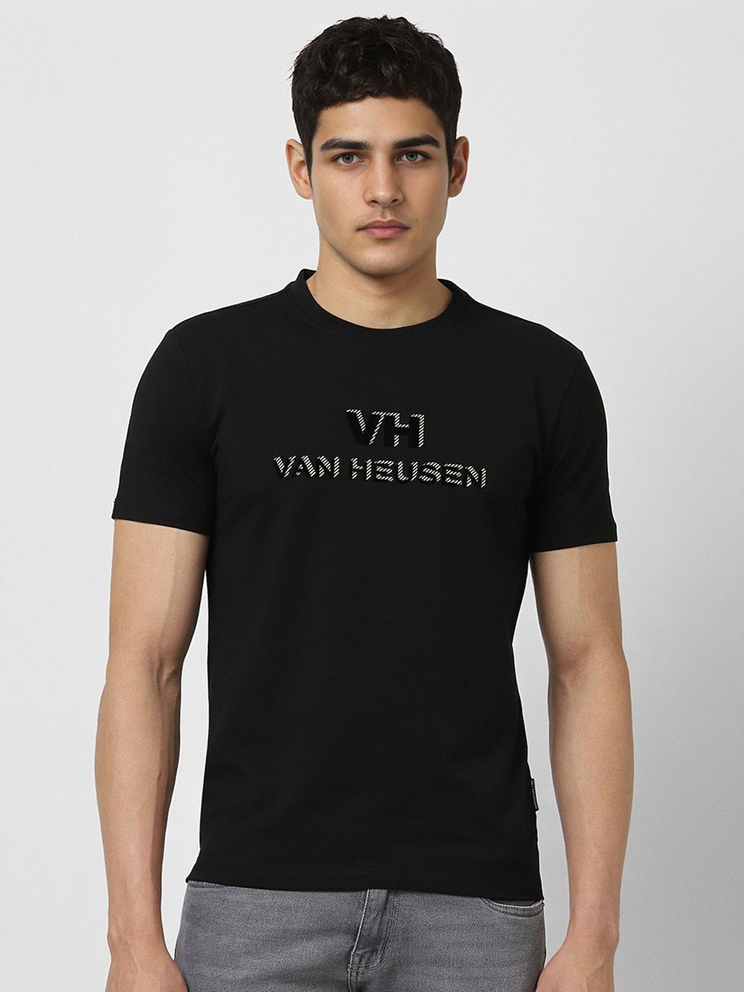 

V Dot Men Typography Printed Round Neck Cotton T-shirt, Black