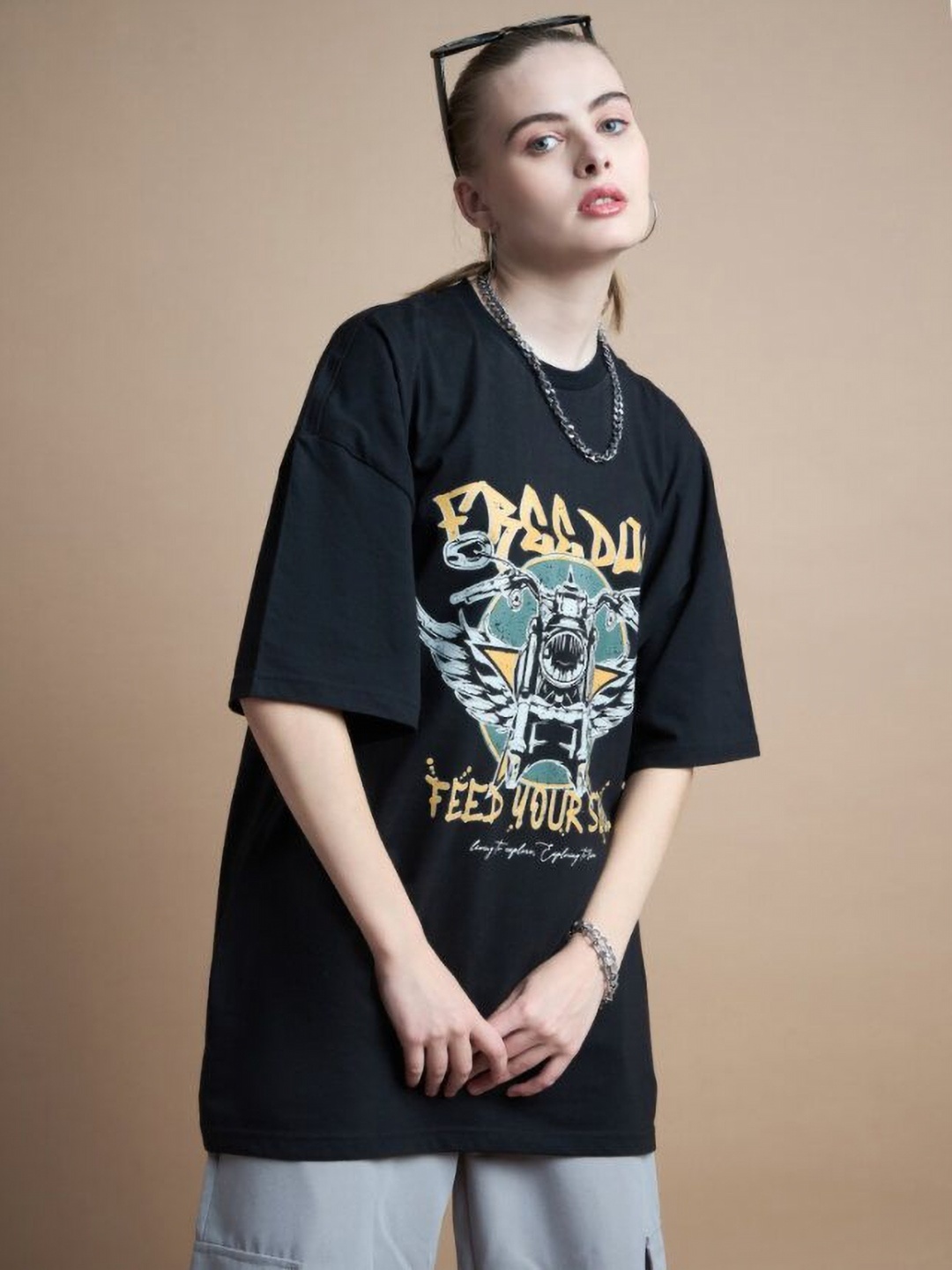 

SZN Women Graphic Printed Round Neck Cotton Oversized T-shirt, Black