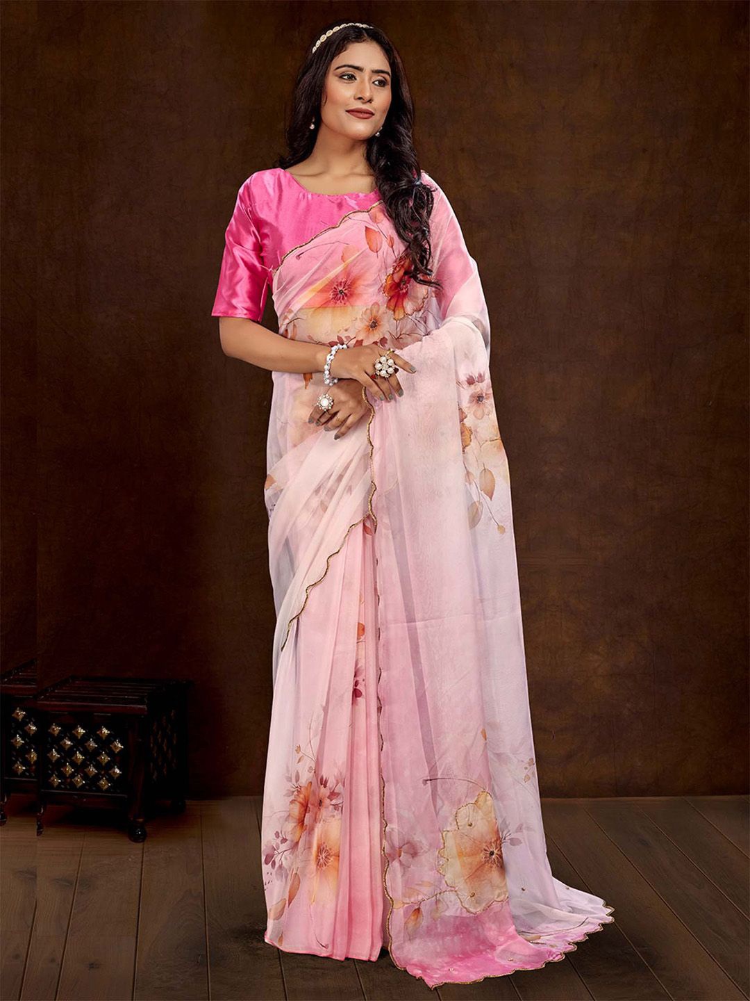 

Anouk Floral Zardozi Organza Saree, Pink