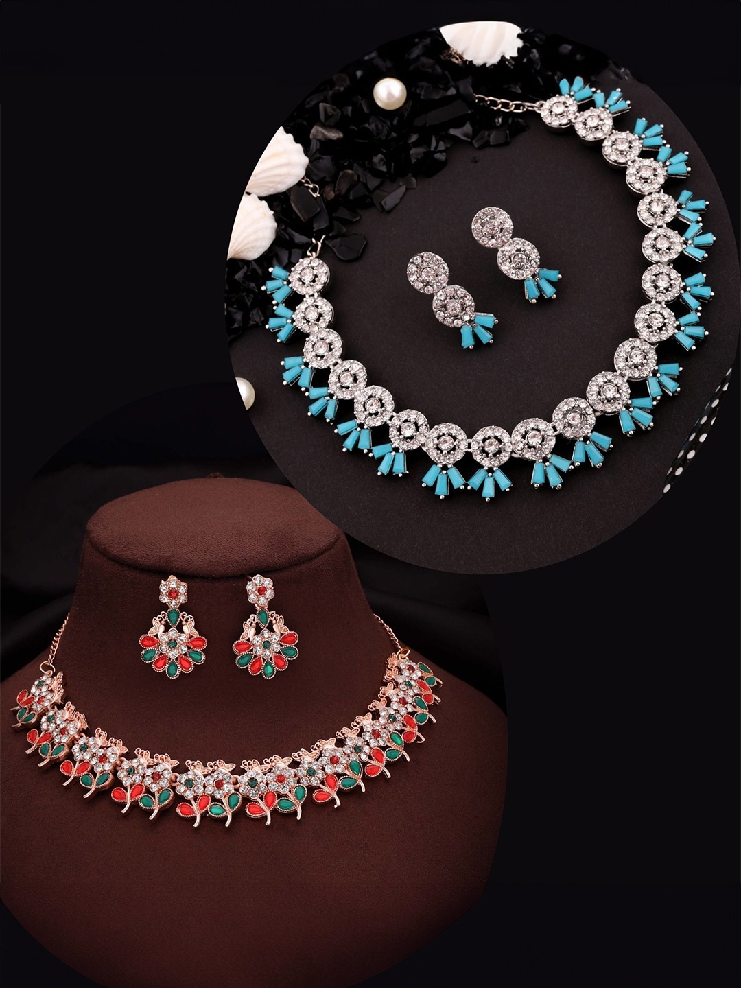 

DIVASTRI Set Of 2 Rose Gold & Silver-Plated American Diamonds Studded Jewellery Set