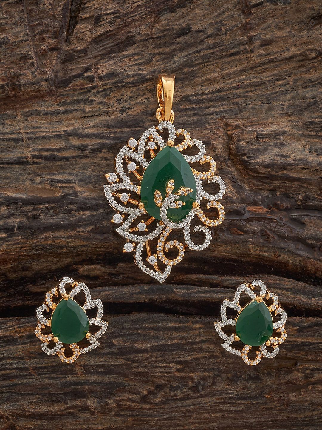 

Kushal's Fashion Jewellery Green Rhodium Gold-Plated Party Zircon Pendant Set