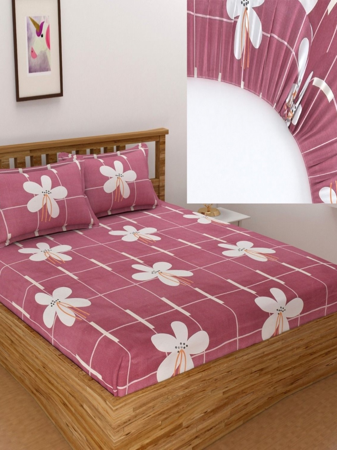 

BELVOSTUM Floral Fitted Collection Burgundy Floral 220 TC King Bedsheet 2.28 m x 2.14 m