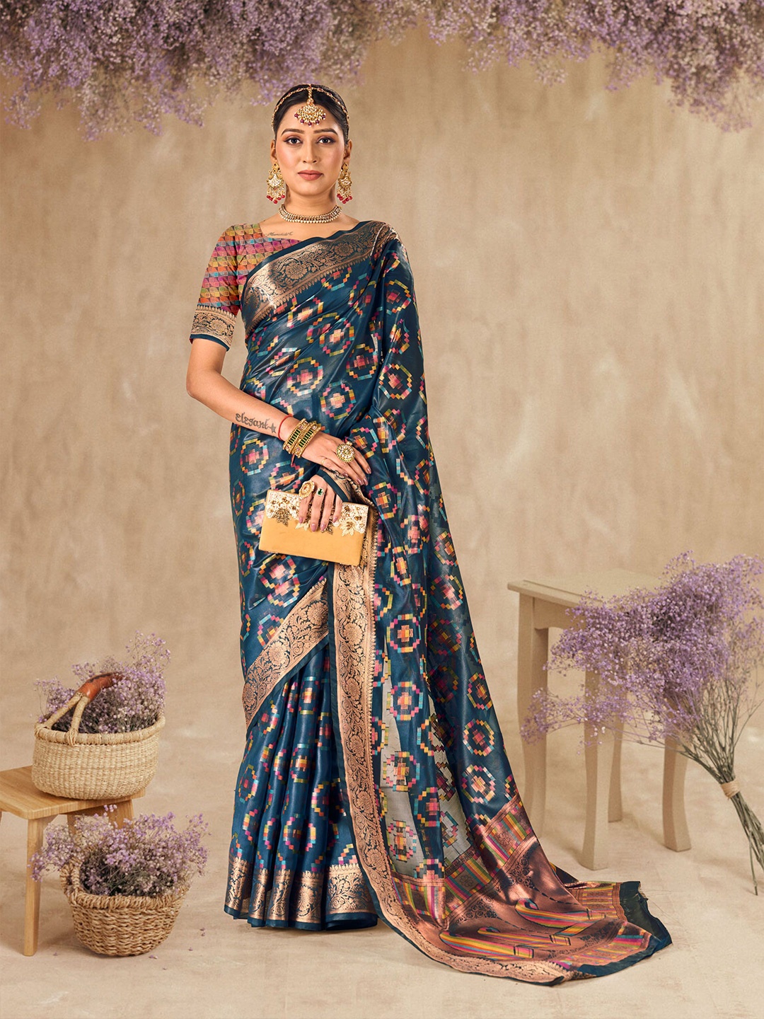 

DIVASTRI Leheriya Zari Organza Kanjeevaram Saree, Teal