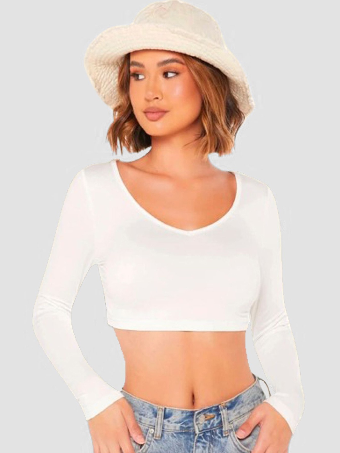 

Dream Beauty Fashion Women V-Neck Fitted Crop Top, White