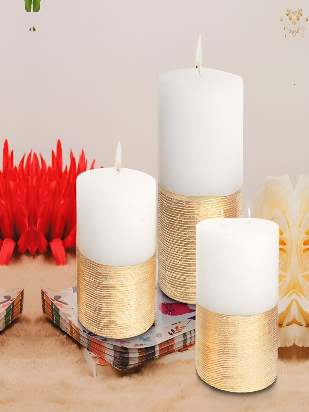 

PROKART Gold-Toned & White 3 pieces Pillar Candle