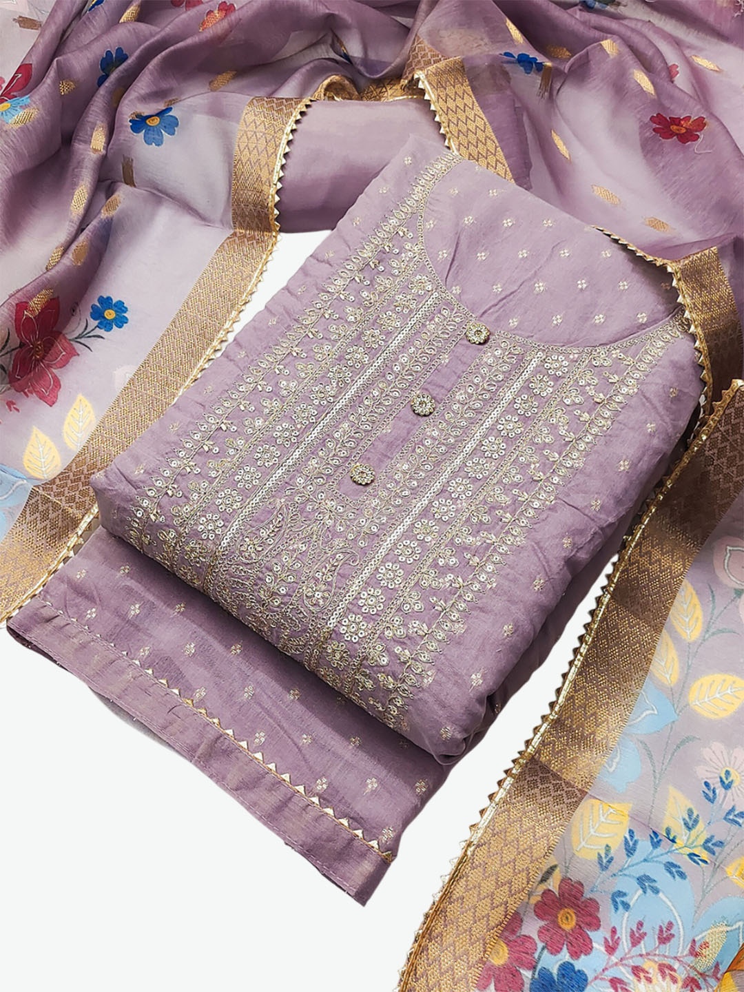 

TAVAS Ethnic Motifs Embroidered Chanderi Silk Unstitched Dress Material, Lavender