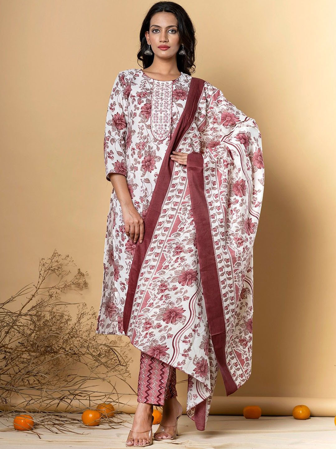 

Readiprint Floral Printed Mirror Work Cotton Straight Kurta & Trouser & Dupatta, White