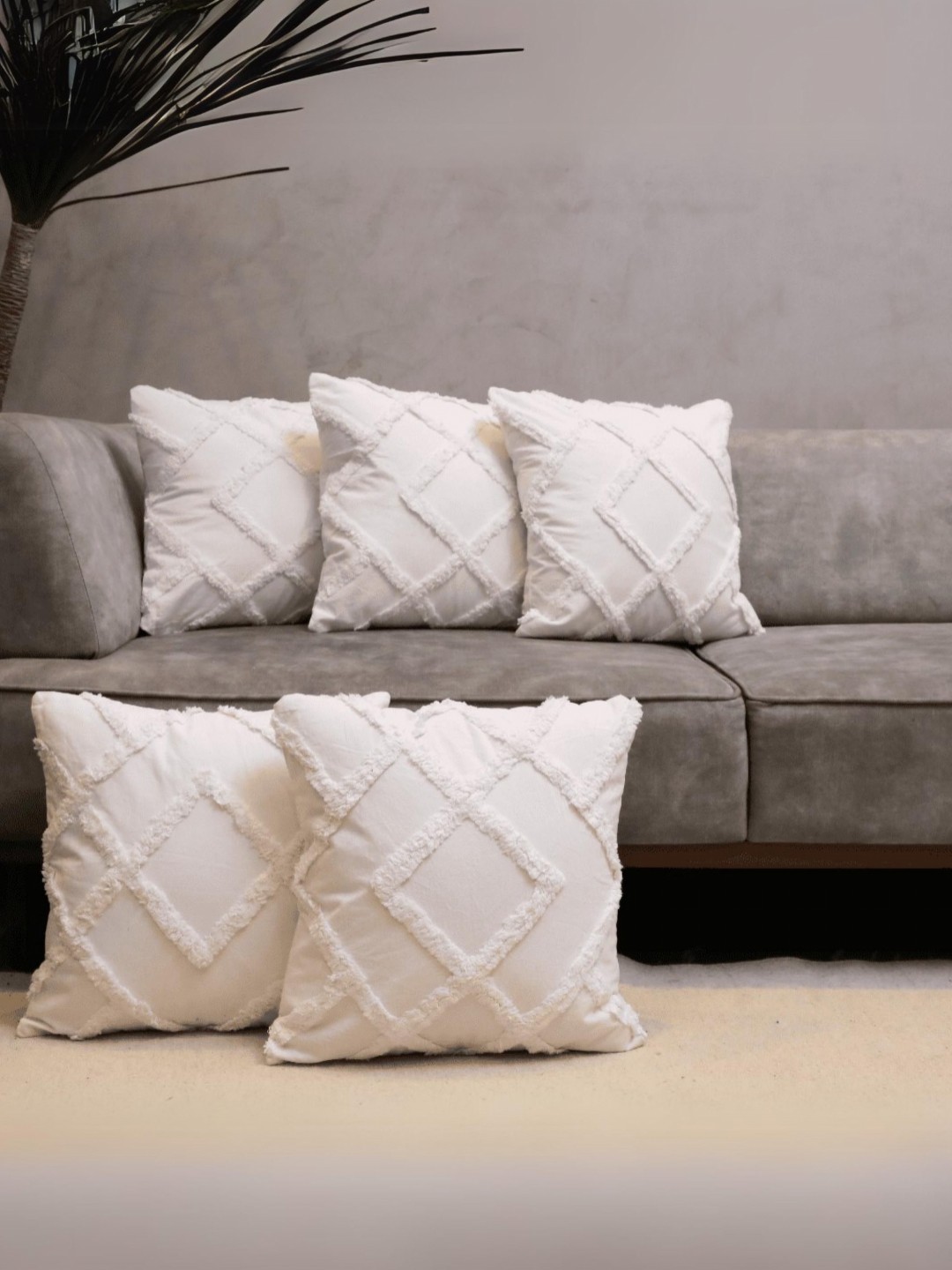 

LUSHLYF Off White Set of 5 Geometric Printed Cotton Square Cushion Covers