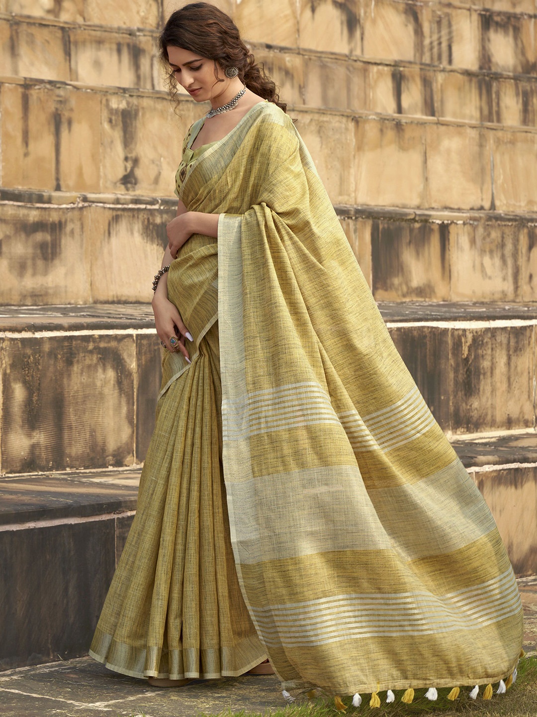 

Mitera Women Zari Saree with Unstitched Blouse Piece, Mustard