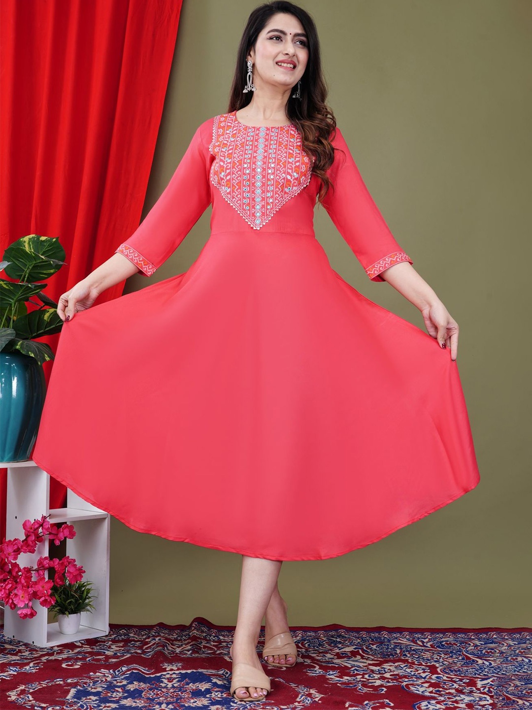 

FebQ Women Ethnic Motifs Embroidered Round Neck Fit & Flare Midi Dress, Pink