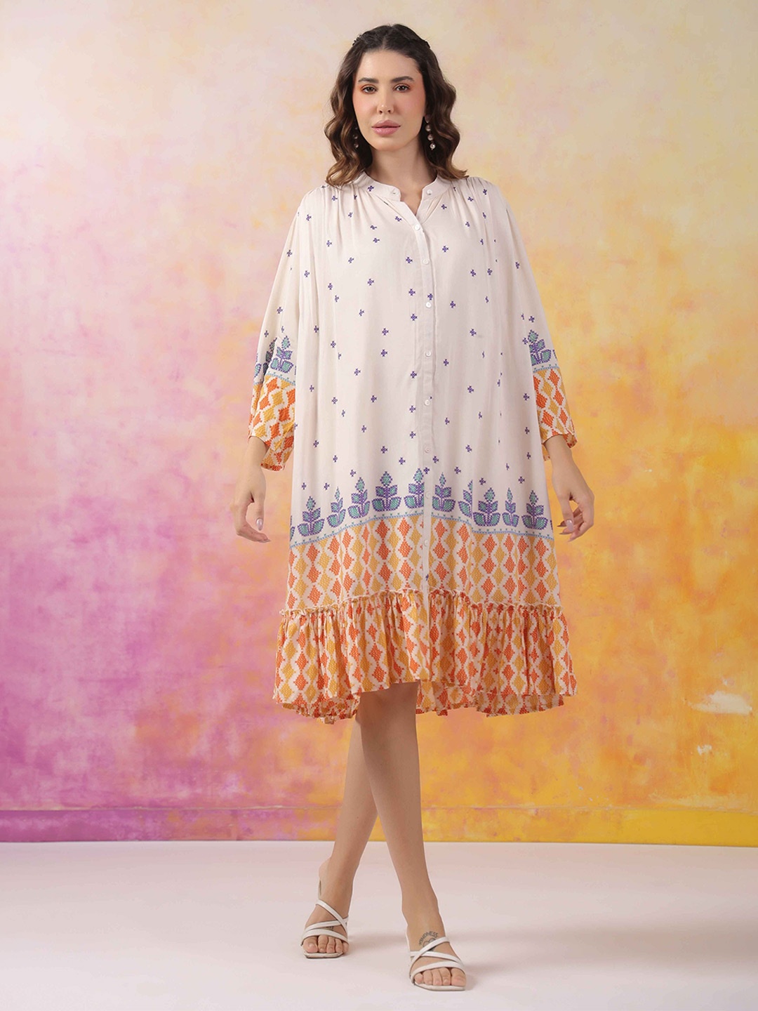 

Nyaro Women White & Orange Bohemian Printed A-Line Dress