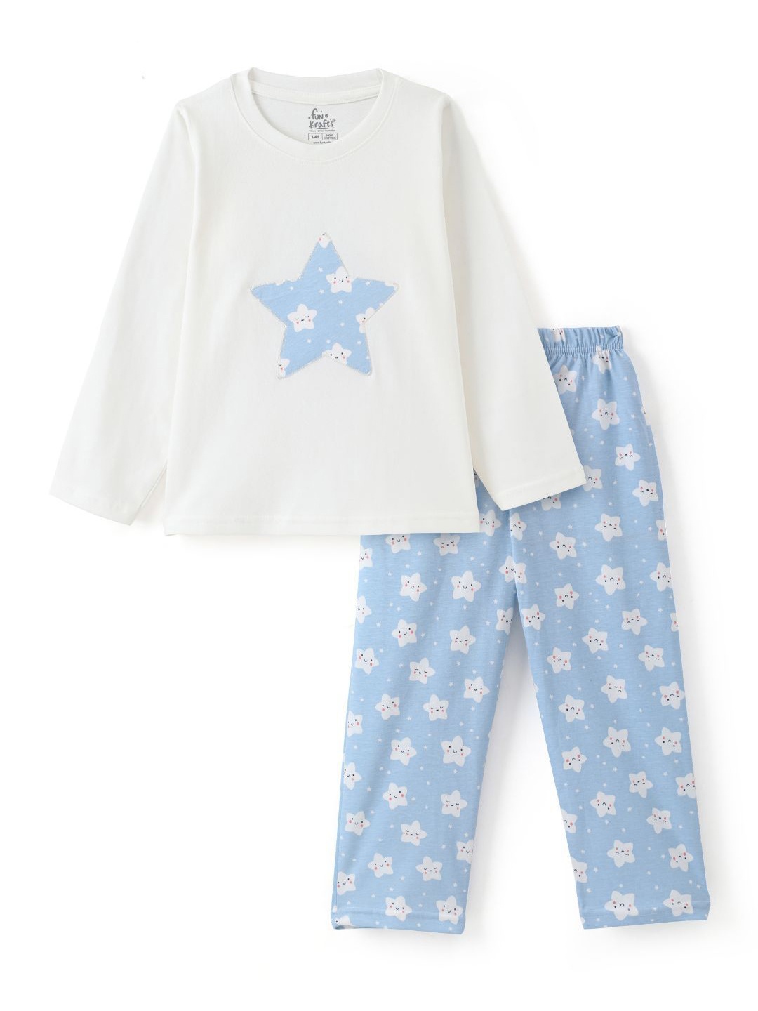 

FUNKRAFTS Kids Star Printed Cotton Full Sleeves T-Shirt & Trousers Night suit, White