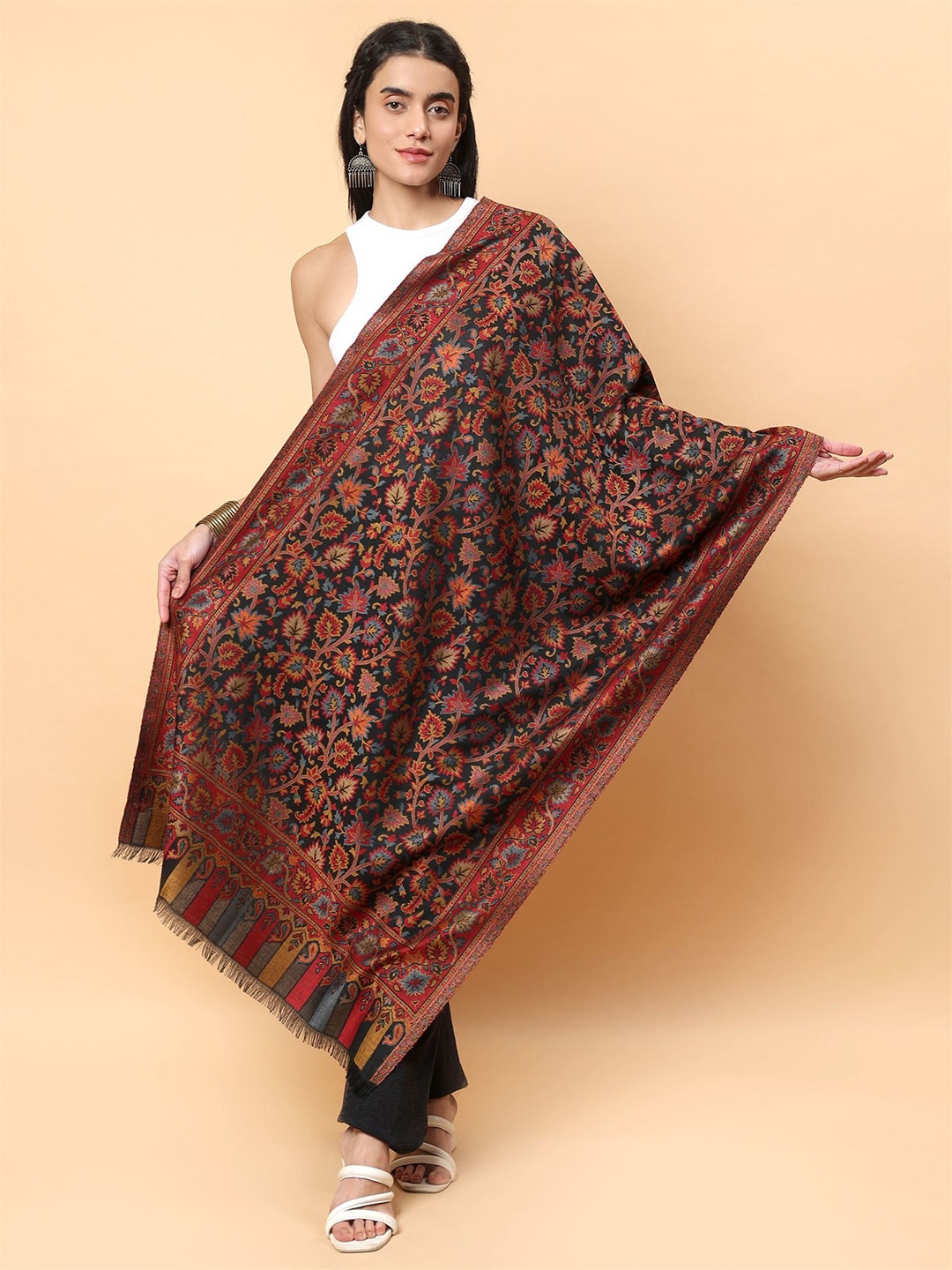 

Moda Chales Women Floral Woven Design Stole, Black