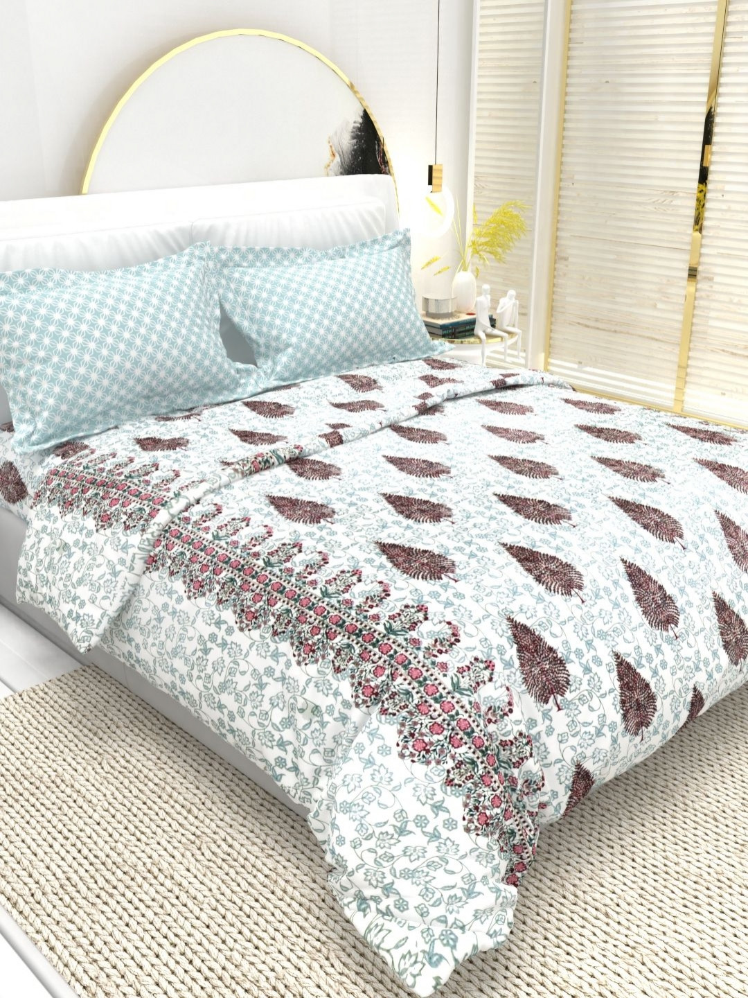 

THE WHITE MOSS Florence White Printed Cotton 220 TC Queen Bedsheet Set-2.25 m x 2.55 m