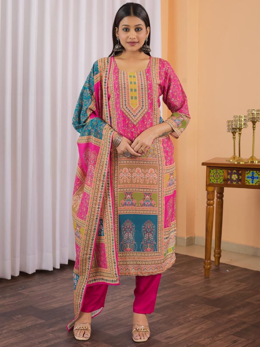 

FVD Floral Printed Round Neck Chanderi Silk Straight Kurta With Trousers & Dupatta, Pink