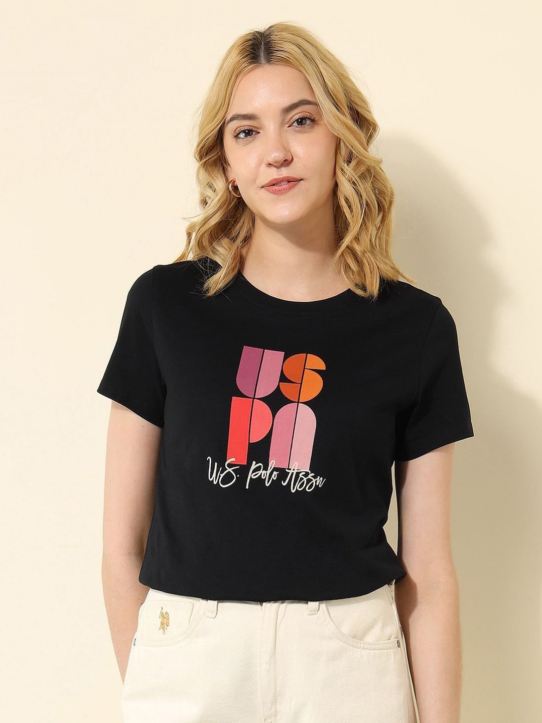 

U.S. Polo Assn. Women Regular Fit Typography Printed Round Neck Cotton T-shirt, Black