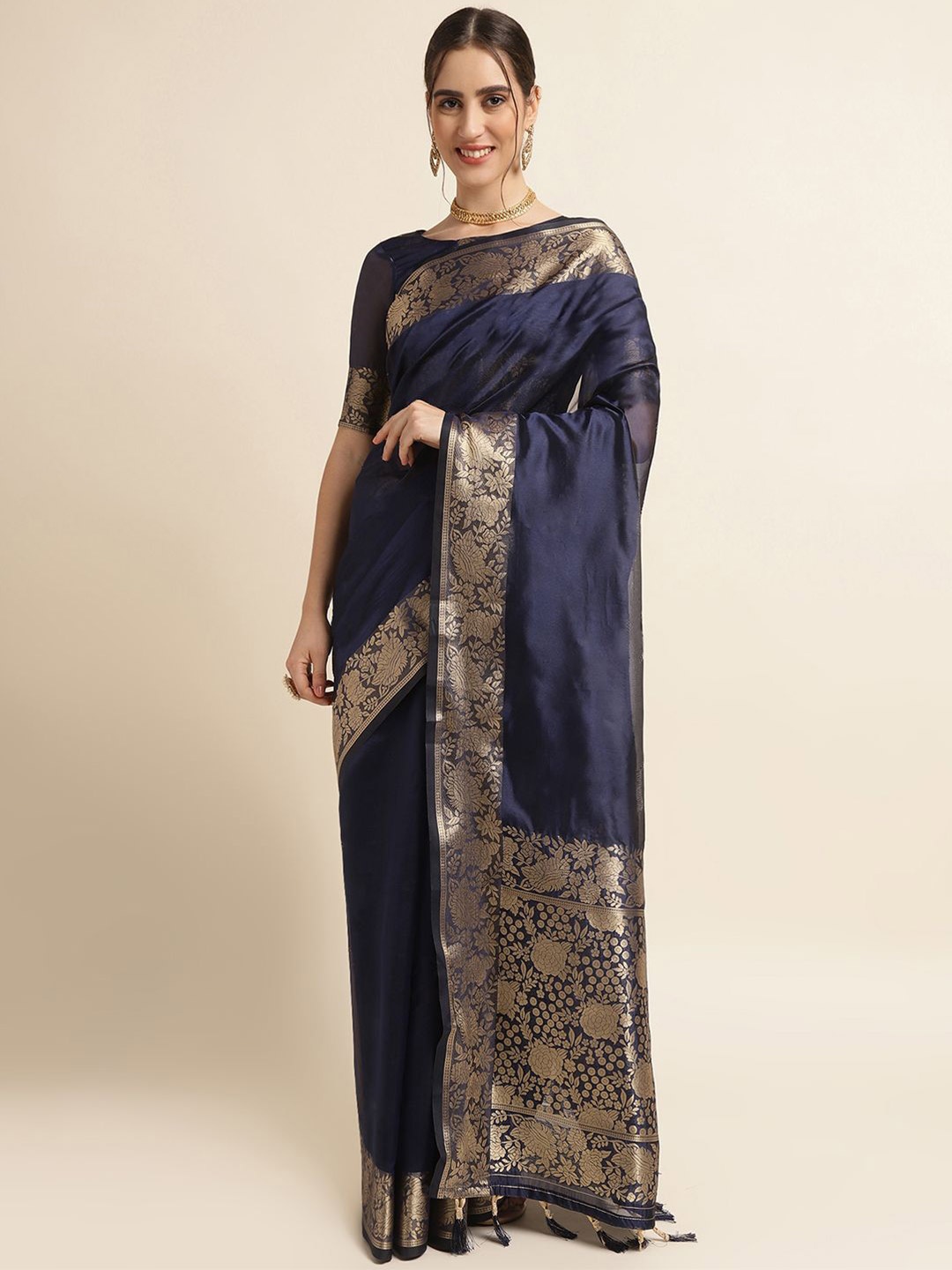 

DIVASTRI Woven Design Zardozi Organza Banarasi Saree, Navy blue