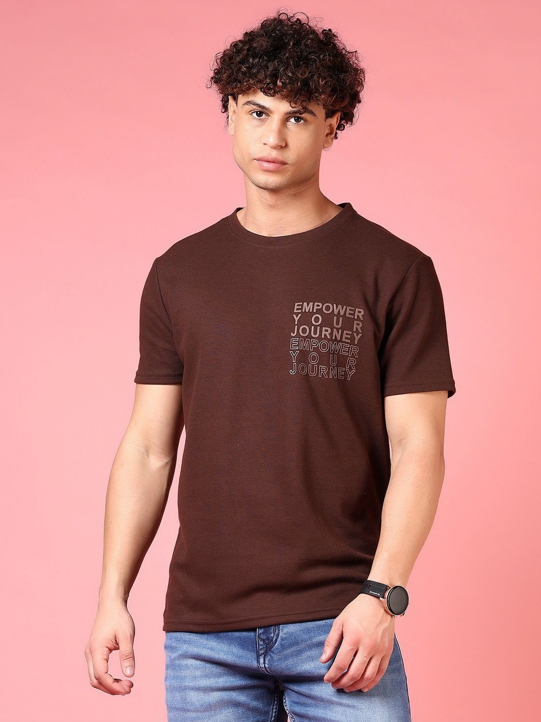 

V-Mart Men Typography Printed Round Neck Cotton T-shirt, Brown