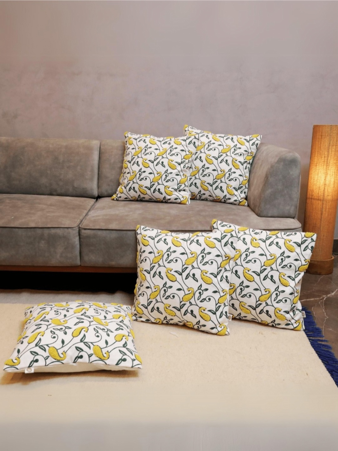 

LUSHLYF Tufted White & Yellow 5 Pieces Paisley Printed Cotton Square Cushion Covers