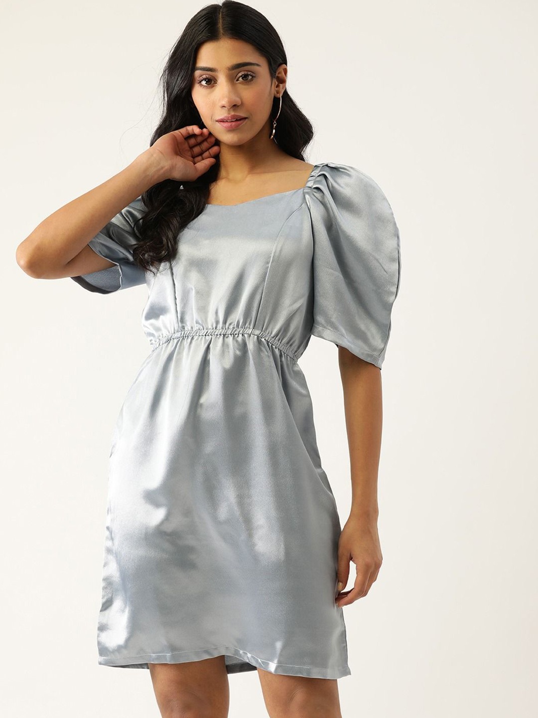 

Moda Rapido Solid Grey Sweetheart Neck Puff Sleeve A-Line Dress
