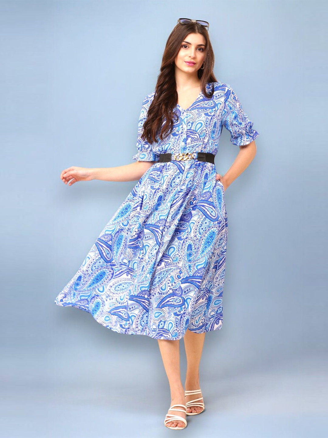 

SQew Printed Fit & Flare Dress, Blue