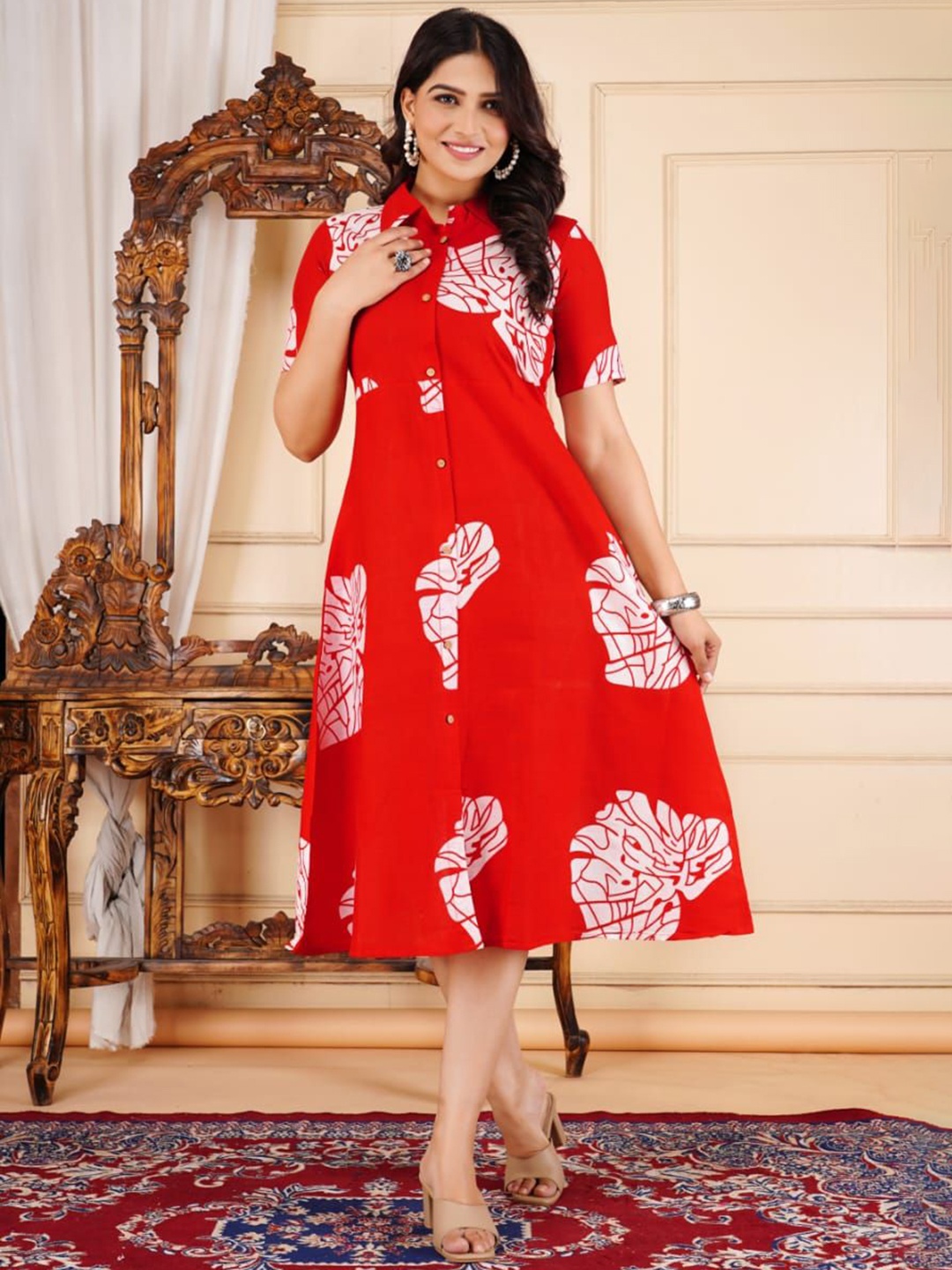 

Divsy Fashion Abstract Printed Shirt Collar A-Line Ethnic Dress, Red