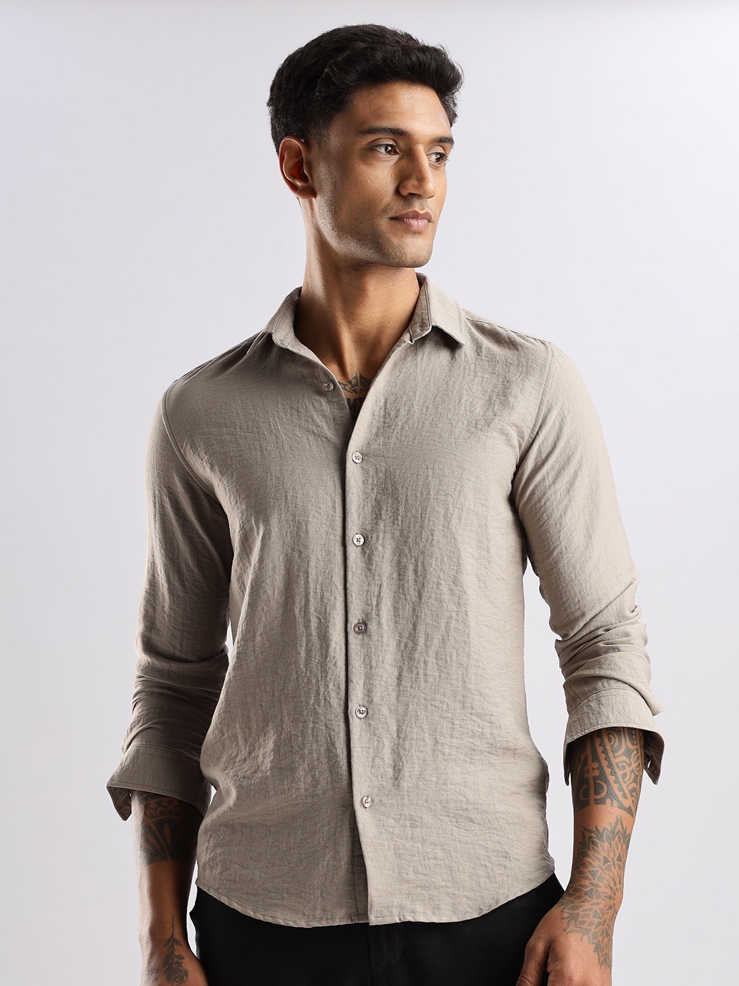 

NEVER NEUD Men Lucas Look Linen Regular Slim Fit Casual Shirt, Beige