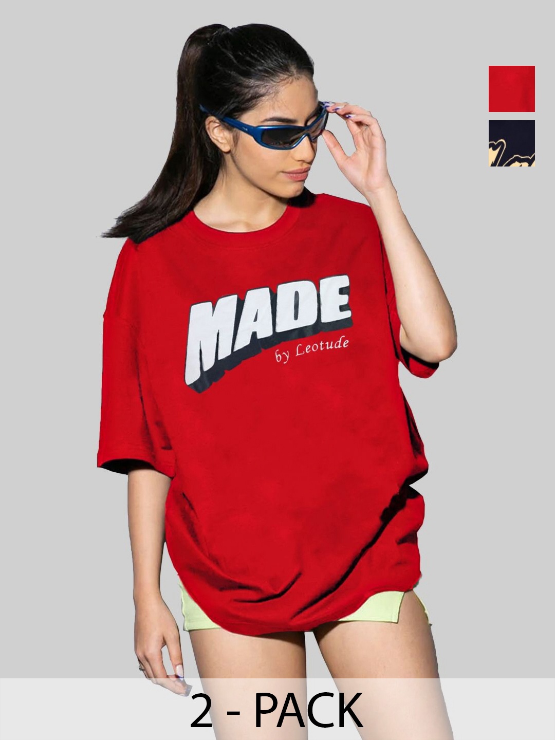 

Leotude Women Pack Of 2 Typography Printed Round Neck Cotton Oversized T-shirts, Red