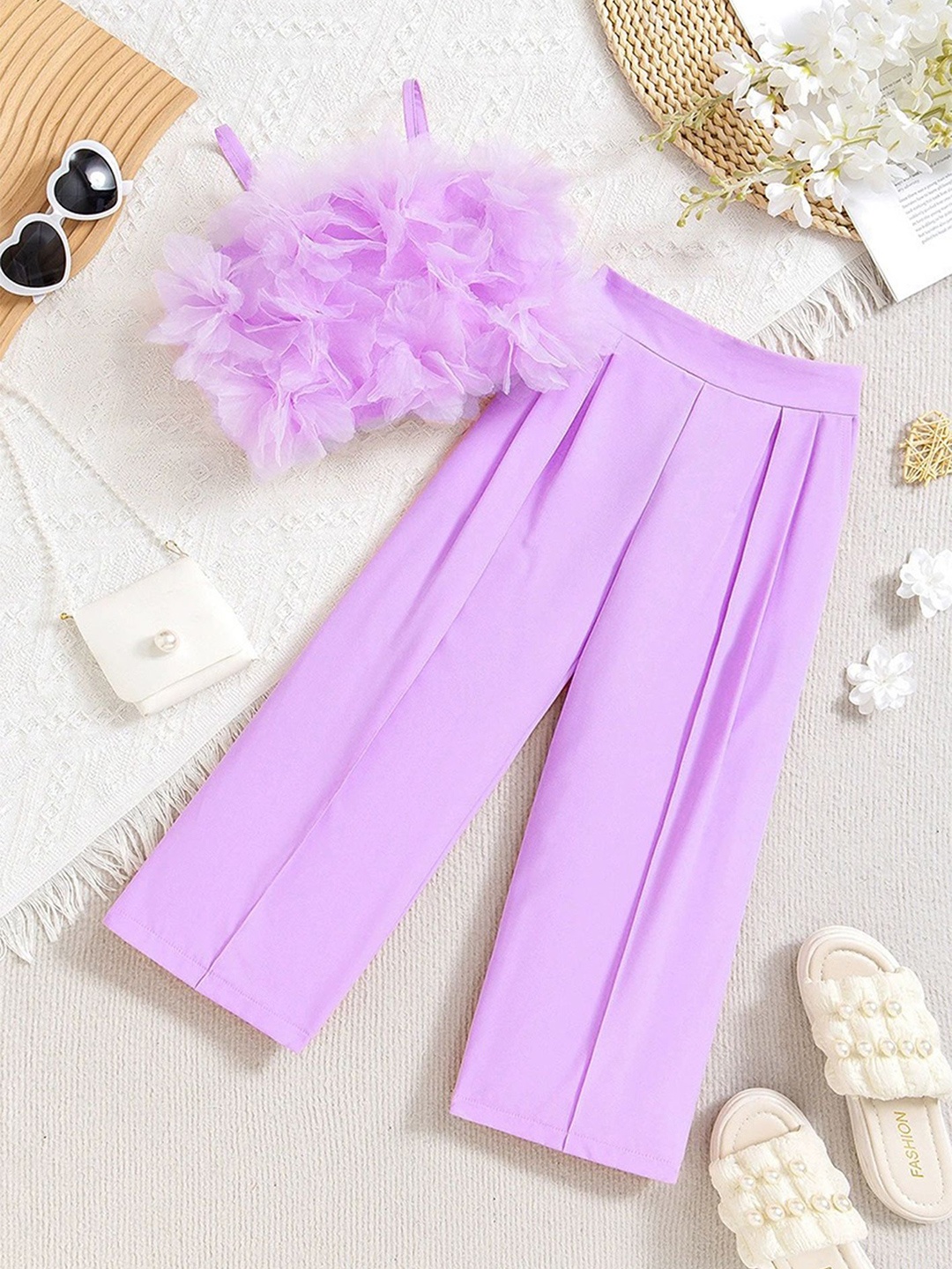 

LULU & SKY Girls Shoulder Straps Tulle Top With High Trousers, Purple