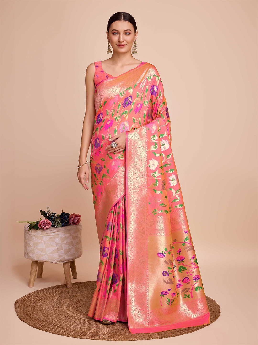 

DIVASTRI Floral Woven Design Zari Paithani Saree With Unstitched Blouse Piece, Peach
