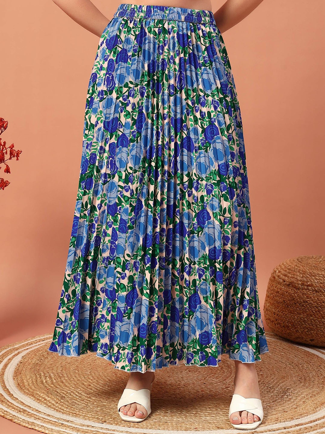 

OTABU Printed Pleated A-Line Maxi Skirt, Blue