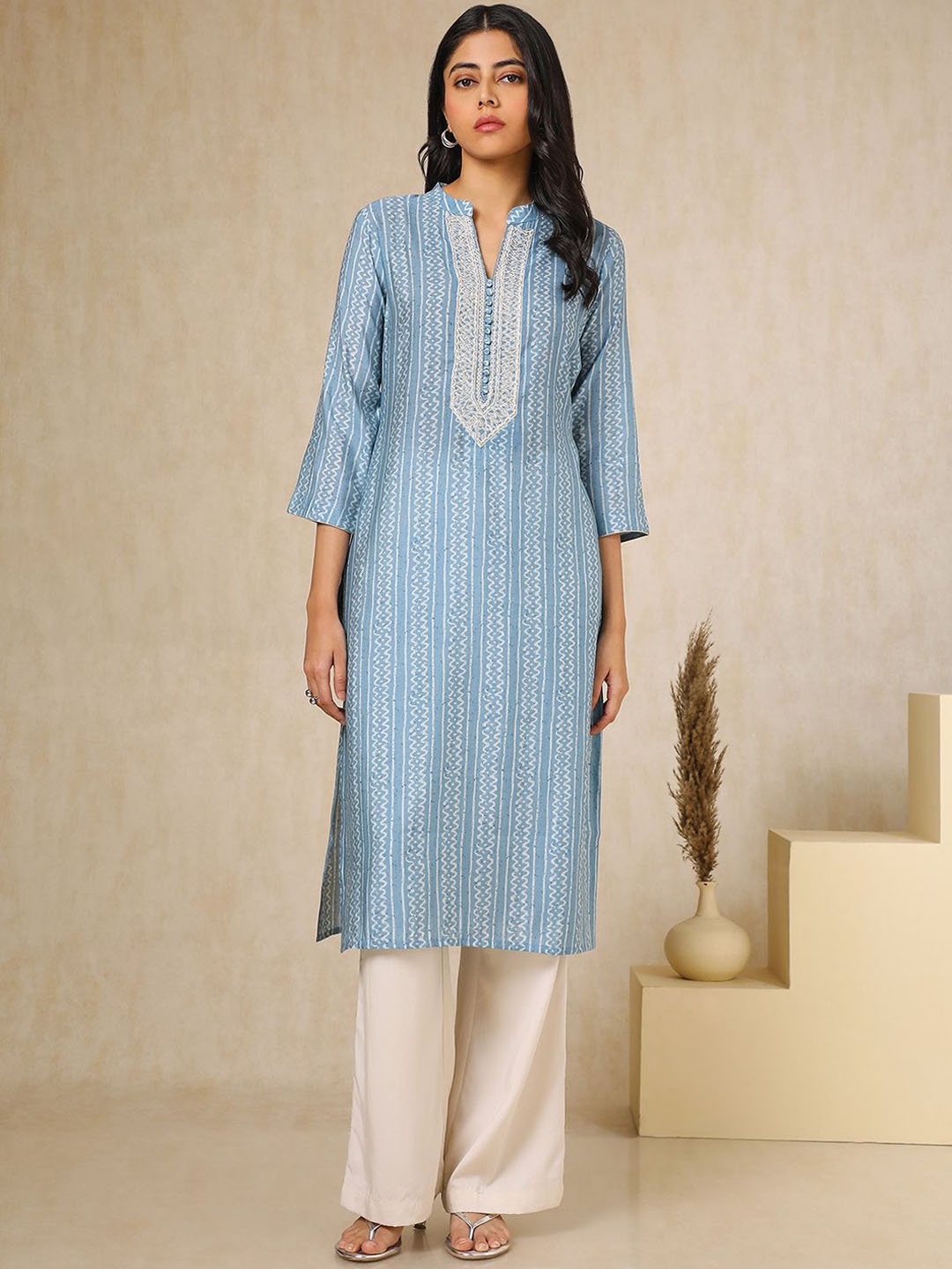 

Soch Ethnic Motifs Printed Mandarin Collar Muslin A-Line Kurta, Blue