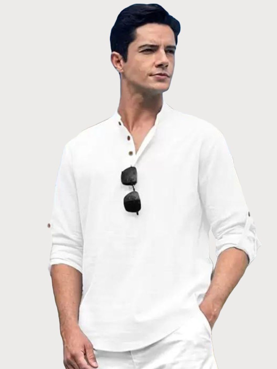 

LIFE ROADS Band Collar Collar Roll-Up Sleeves Pure Cotton Short Kurta, White