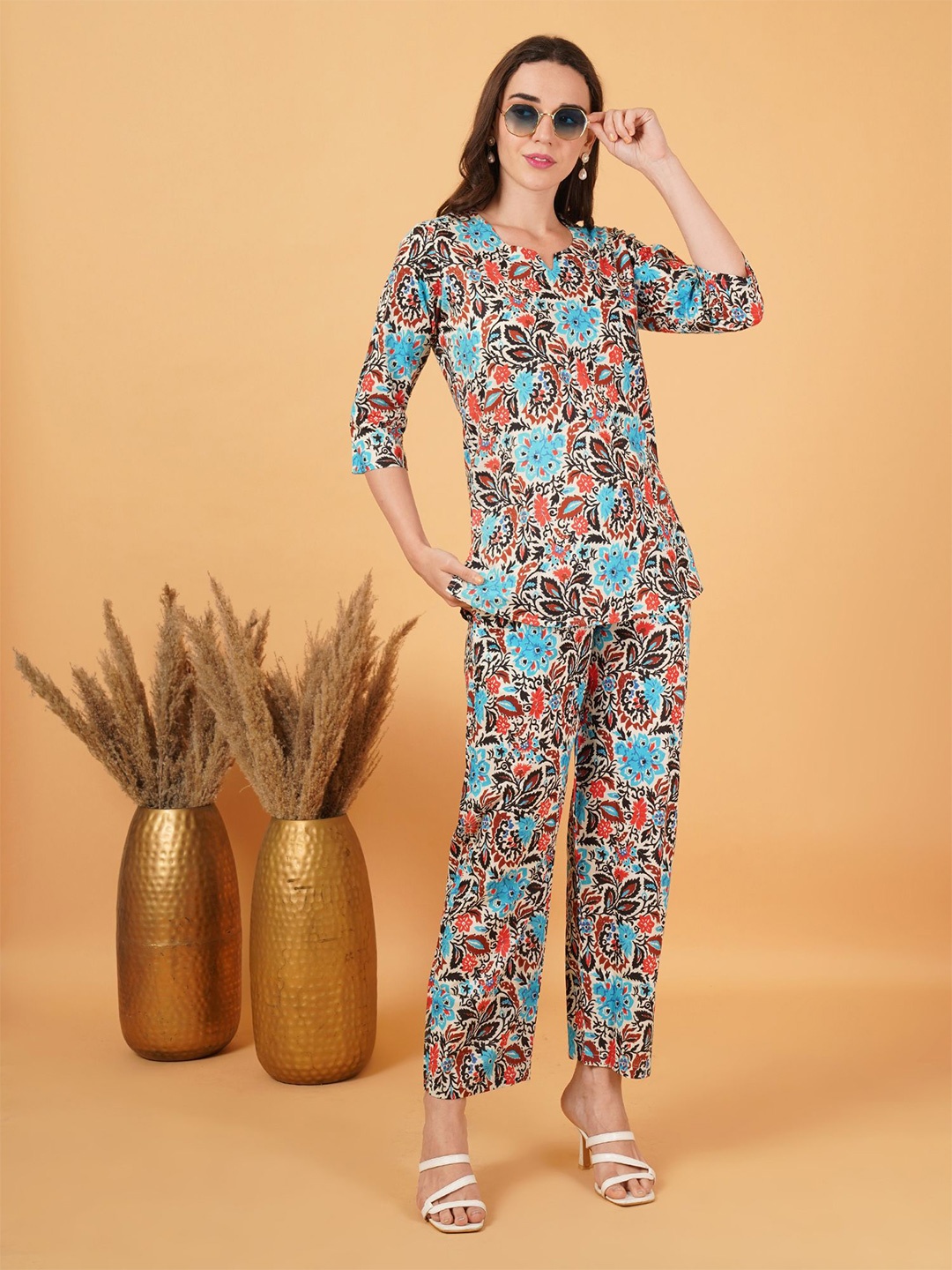 

FebQ Printed Notch Neck Pure Cotton Tunic With Trousers, Beige