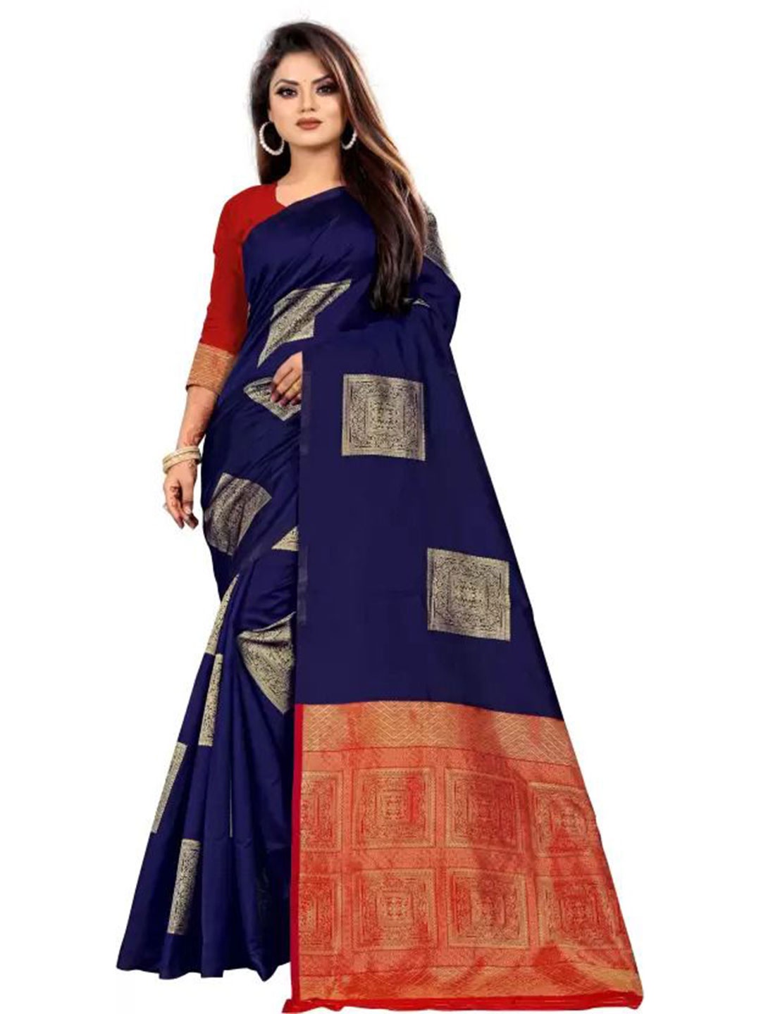 

A TO Z CART Ethnic Motifs Woven Design Pure Silk Banarasi Saree, Navy blue